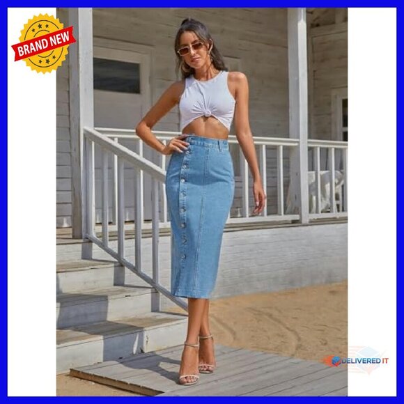 High Waisted Denim Midi Skirt Button Front Slit Women's Casual - Picture 5 of 6